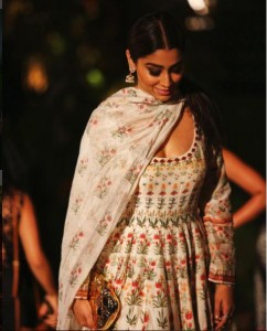 Shriya Saran with sleek ponytail and matching jhumkas